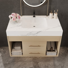 29.9" Modern Floating Bathroom Vanity with Sintered Stone Top Ceramic Undermount Sink Wall-Mounted for Small Bathrooms, Apartment