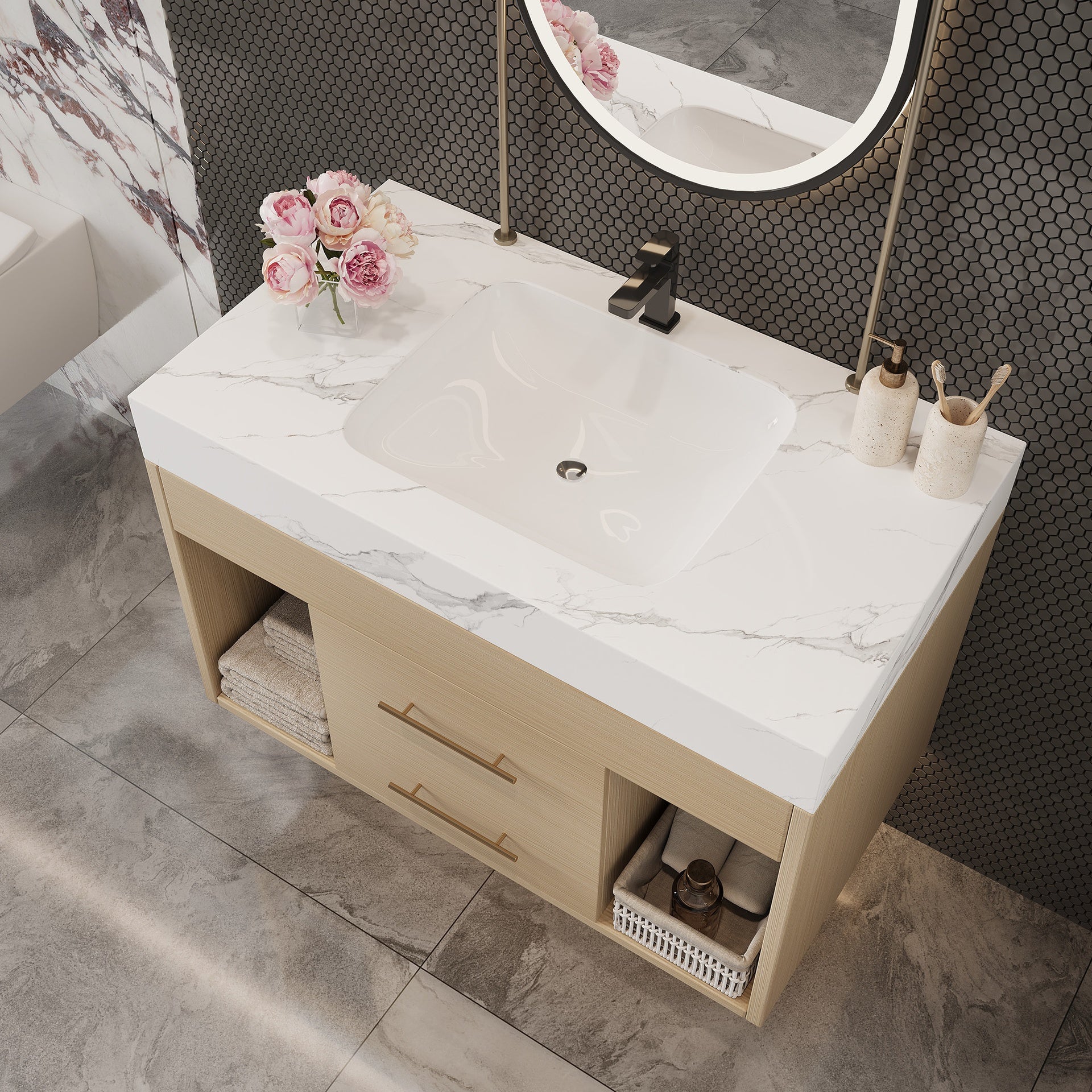 29.9" Modern Floating Bathroom Vanity with Sintered Stone Top Ceramic Undermount Sink Wall-Mounted for Small Bathrooms, Apartment