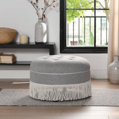 Yolanda 24" Round Upholstered Accent Ottoman, Light Gray Polyester with Ivory Trim