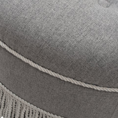 Yolanda 24" Round Upholstered Accent Ottoman, Light Gray Polyester with Ivory Trim