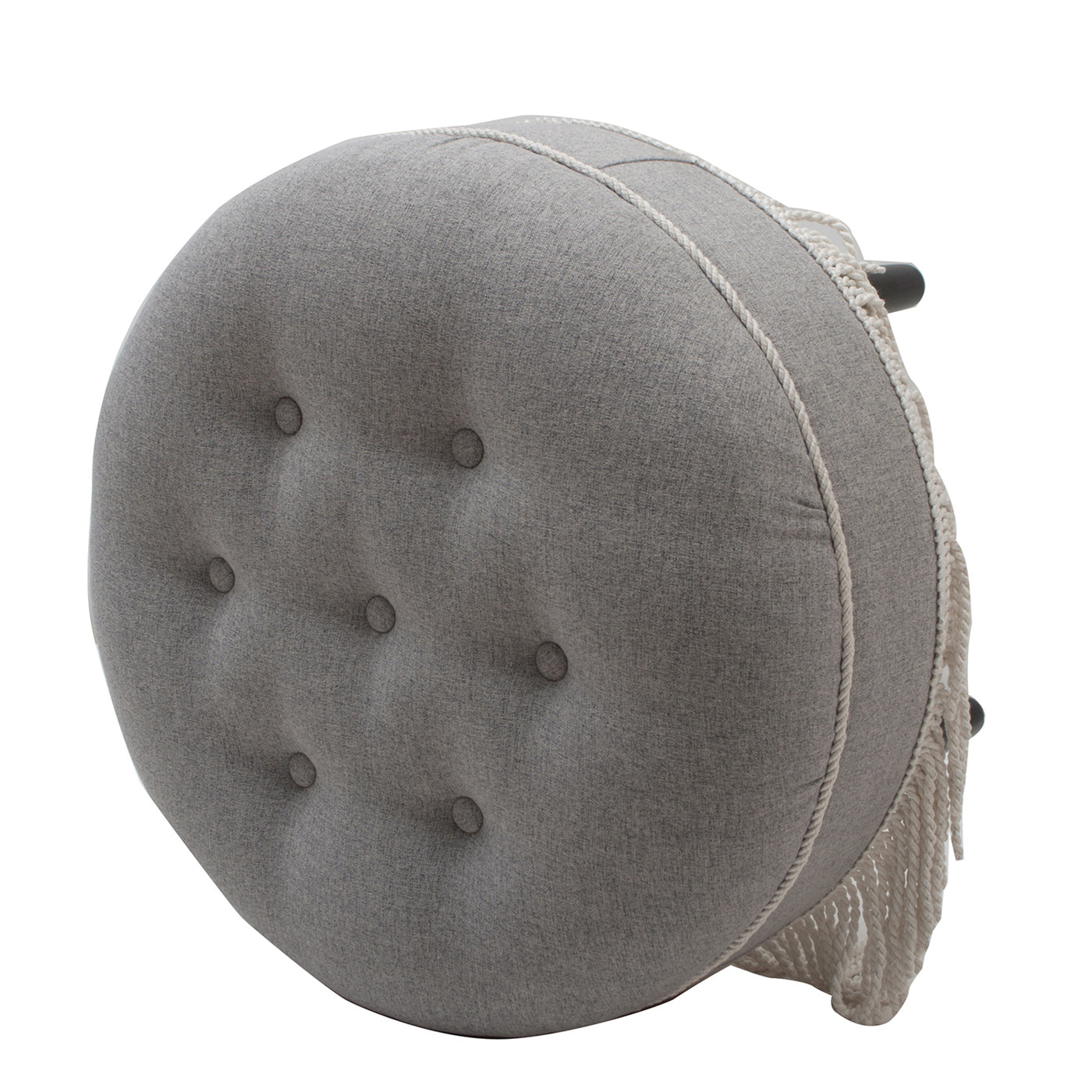 Yolanda 24" Round Upholstered Accent Ottoman, Light Gray Polyester with Ivory Trim