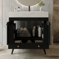 Contemporary  Free-standing Bathroom Vanity with Faux Marble Top & Ceramic Sink, 30" Double Door Storage Cabinet, Waterproof Engineered Wood