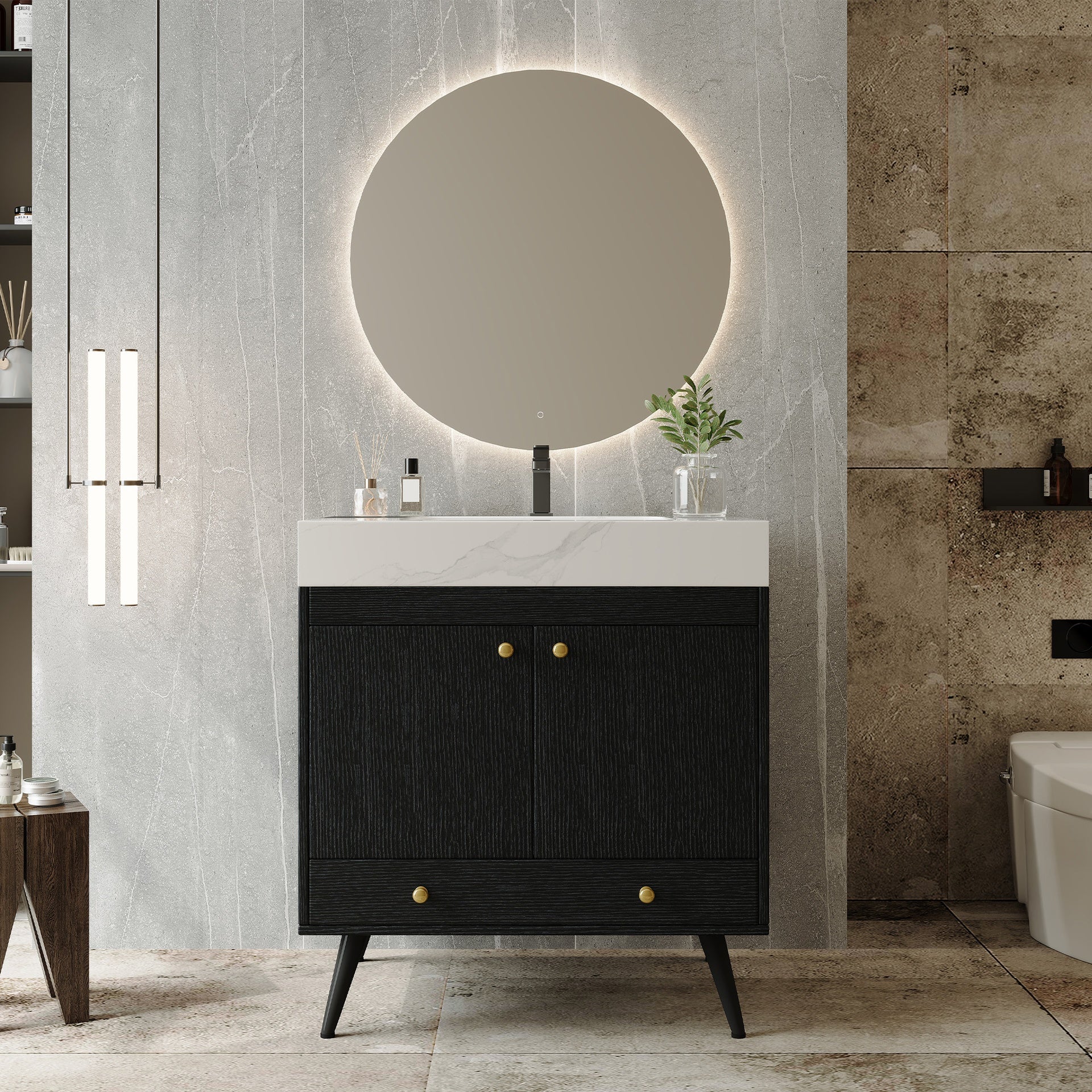 Contemporary  Free-standing Bathroom Vanity with Faux Marble Top & Ceramic Sink, 30" Double Door Storage Cabinet, Waterproof Engineered Wood