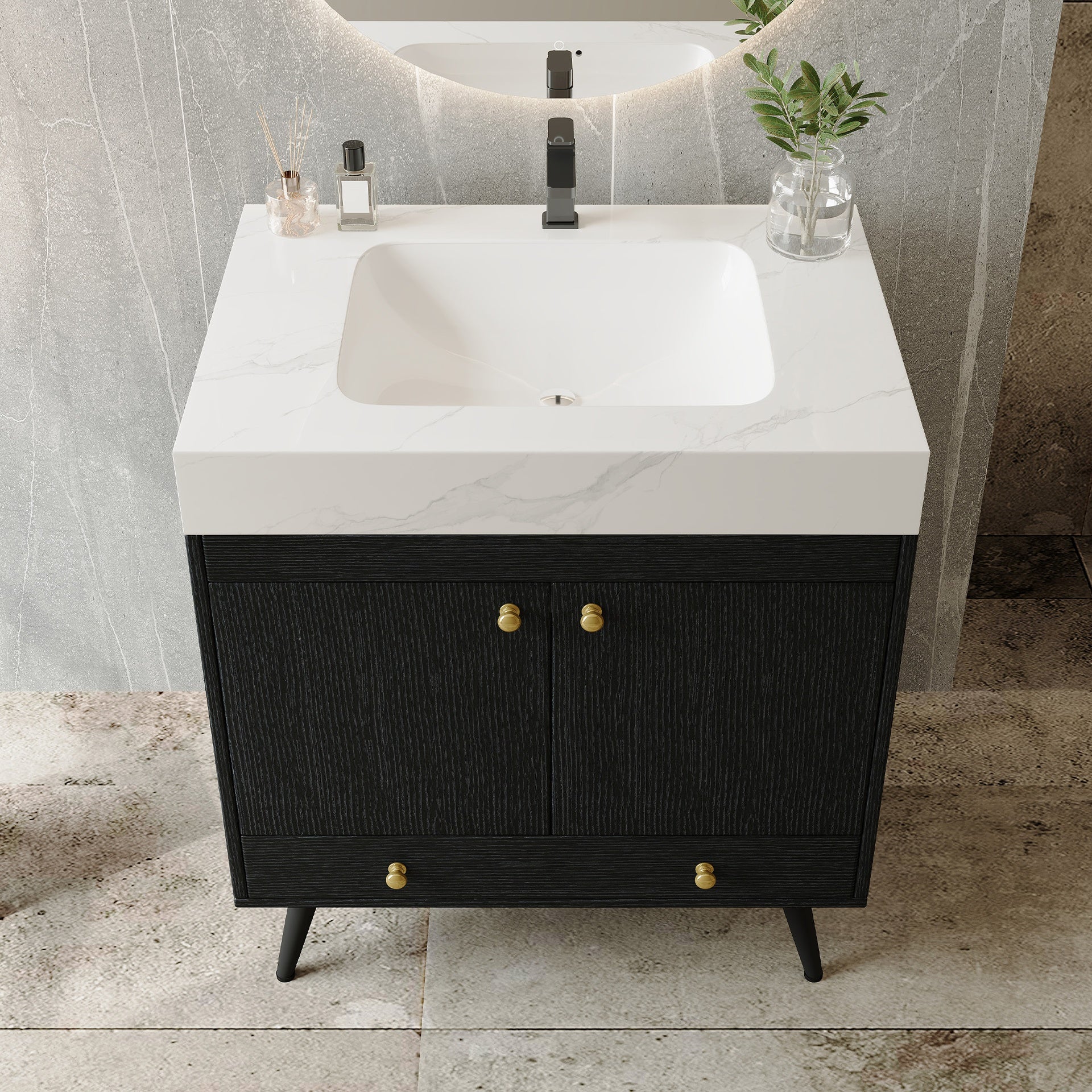 Contemporary  Free-standing Bathroom Vanity with Faux Marble Top & Ceramic Sink, 30" Double Door Storage Cabinet, Waterproof Engineered Wood