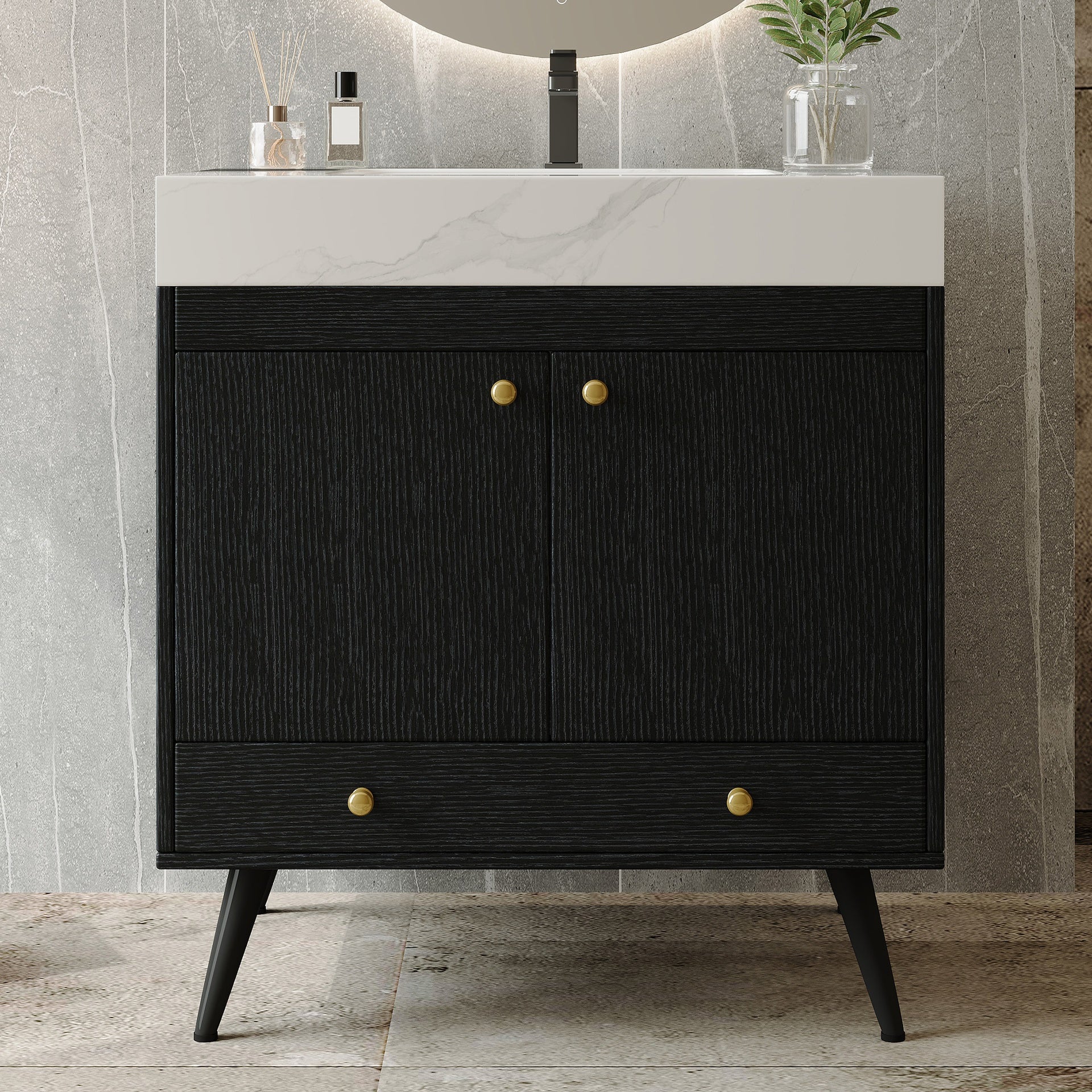 Contemporary  Free-standing Bathroom Vanity with Faux Marble Top & Ceramic Sink, 30" Double Door Storage Cabinet, Waterproof Engineered Wood