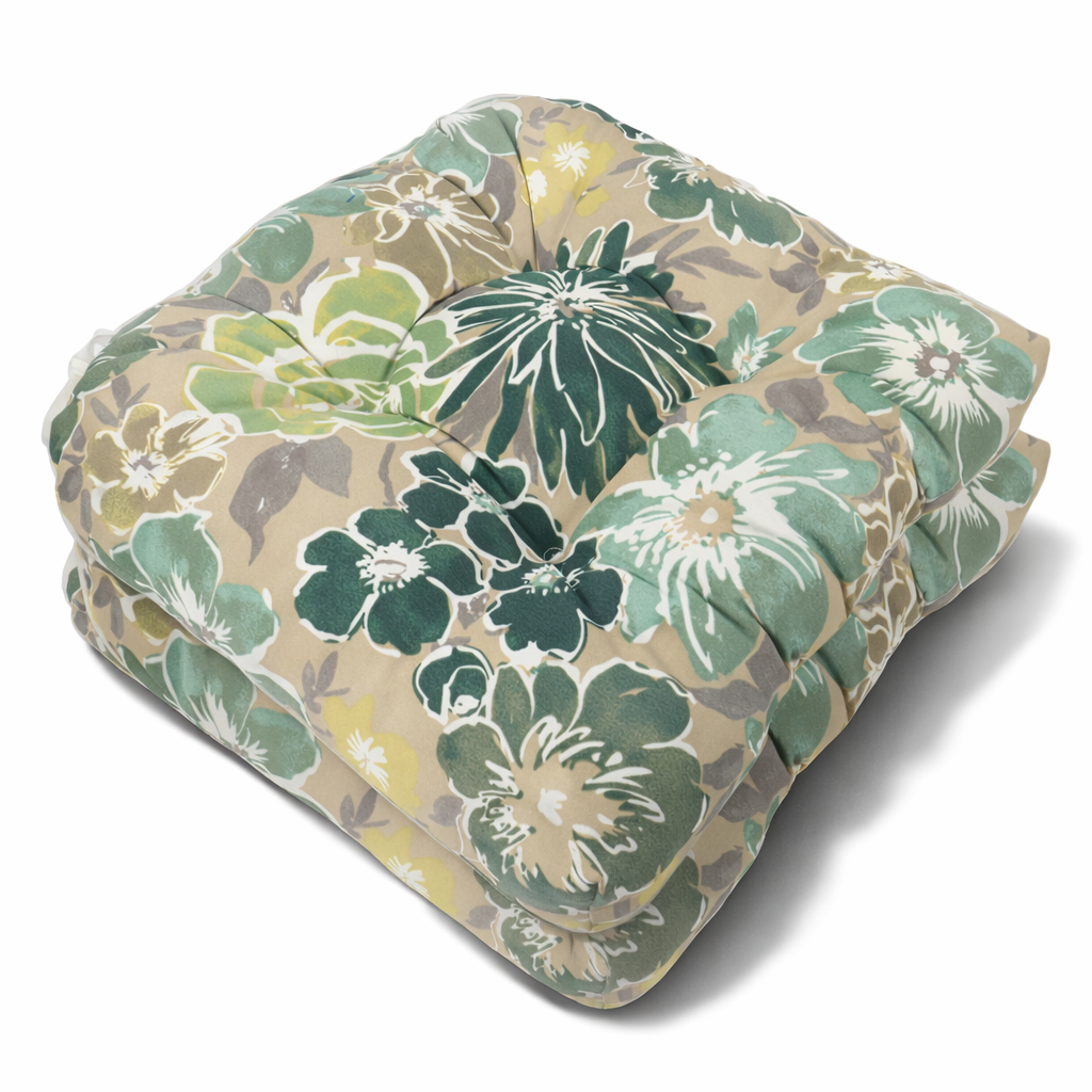 Outdoor Chair Cushions Set of 2, 19 x 19 x 4 Inch Tufted Seat Cushions with Ties, Waterproof Patio Chair Pads for Dining Chairs, Garden & Outdoor Furniture-Emerald Green Floral