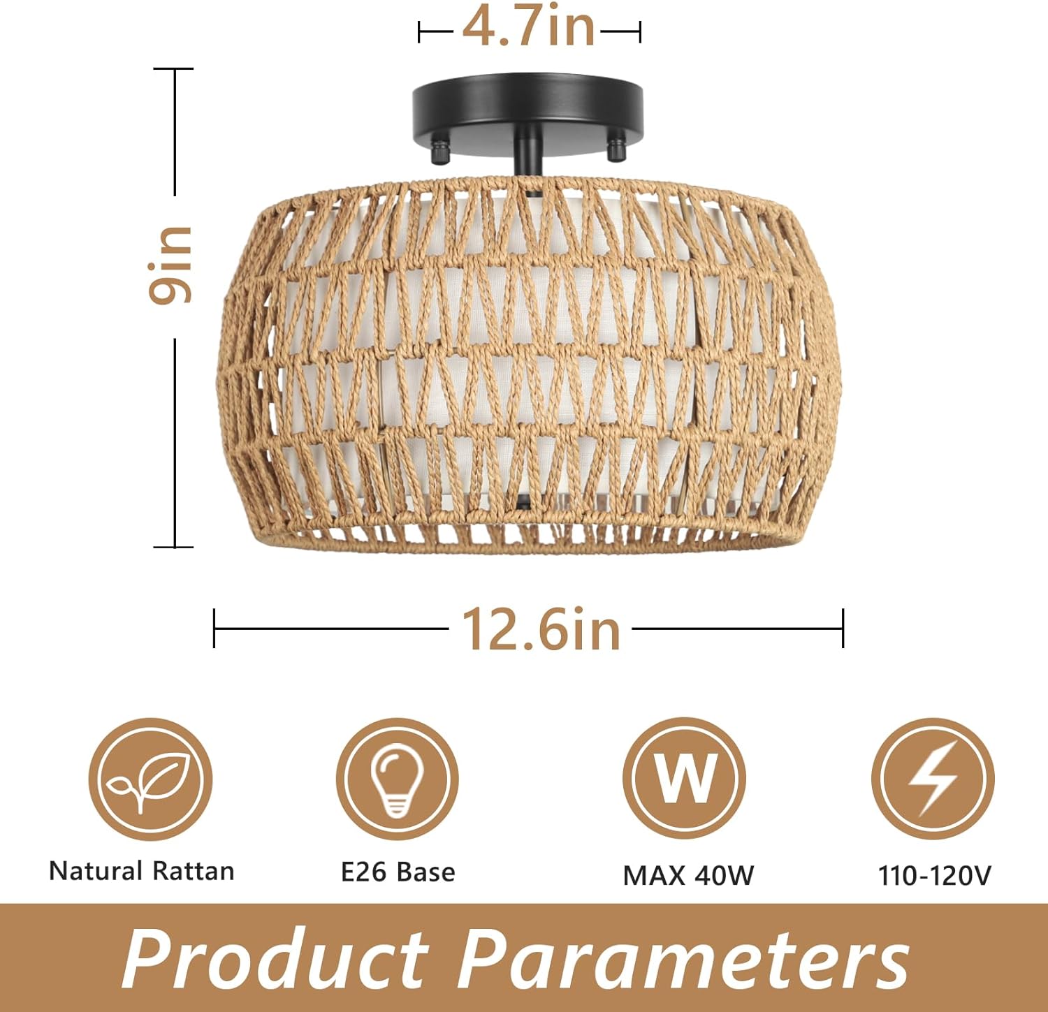 Boho Light Fixtures Ceiling Mount, Rattan Semi Flush Mount Ceiling Light, Farmhouse Light Fixtures with Fabric Shades, Kitchen Close to Ceiling Light Fixtures for Living Room Bedroom Hallway