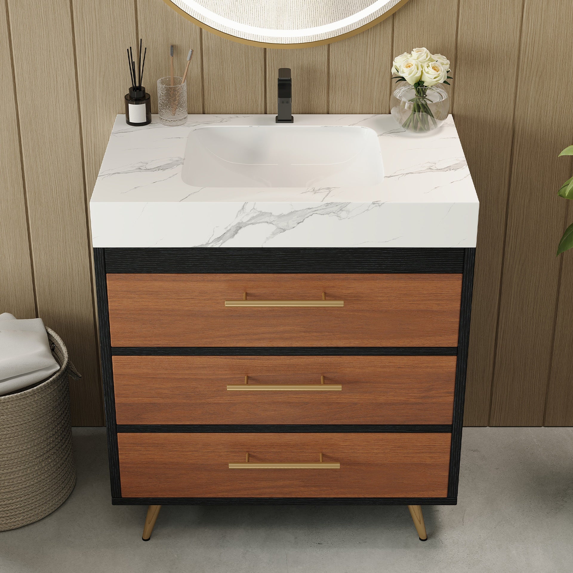 Modern Free-Standing Bathroom Vanity with Ceramic Vessel Sink & Durable Sintered Stone Top