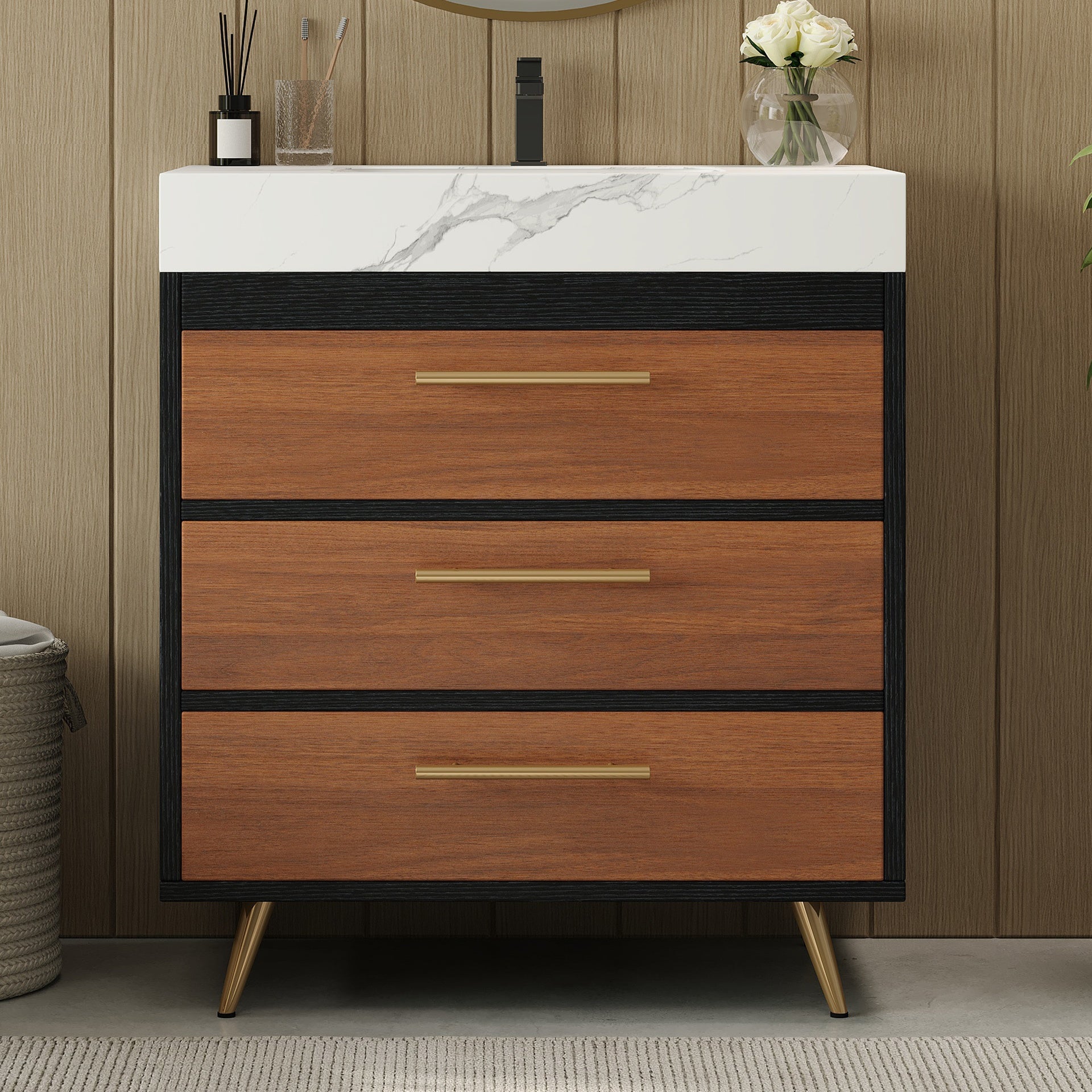 Modern Free-Standing Bathroom Vanity with Ceramic Vessel Sink & Durable Sintered Stone Top