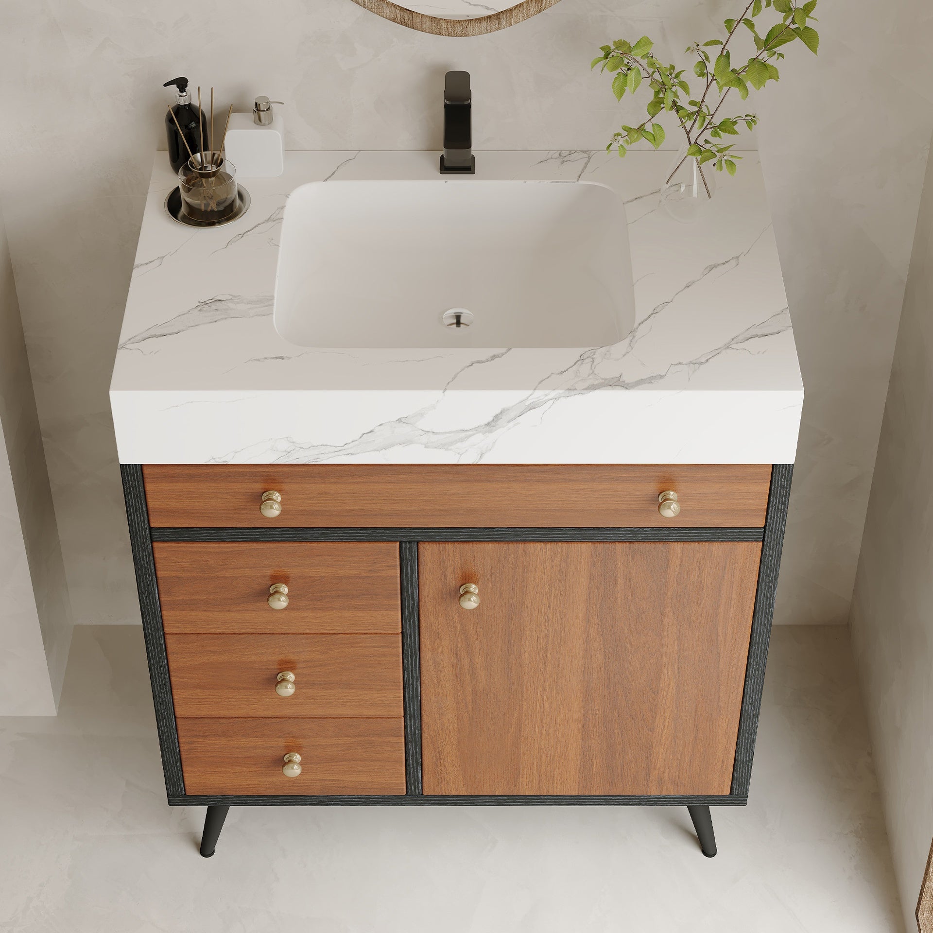 Modern Free-Standing Bathroom Vanity with Ceramic Sink &  Sintered Stone Top