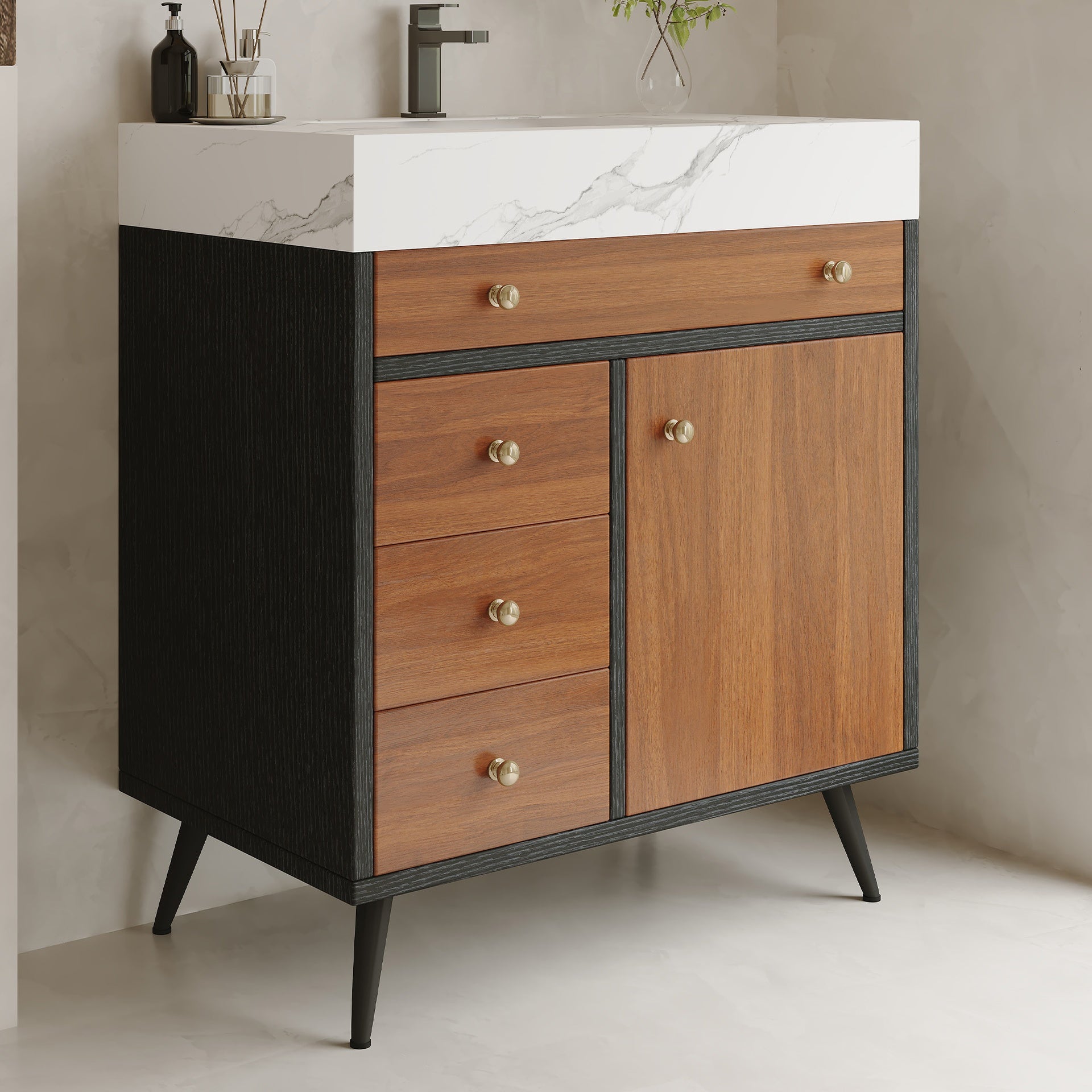 Modern Free-Standing Bathroom Vanity with Ceramic Sink &  Sintered Stone Top
