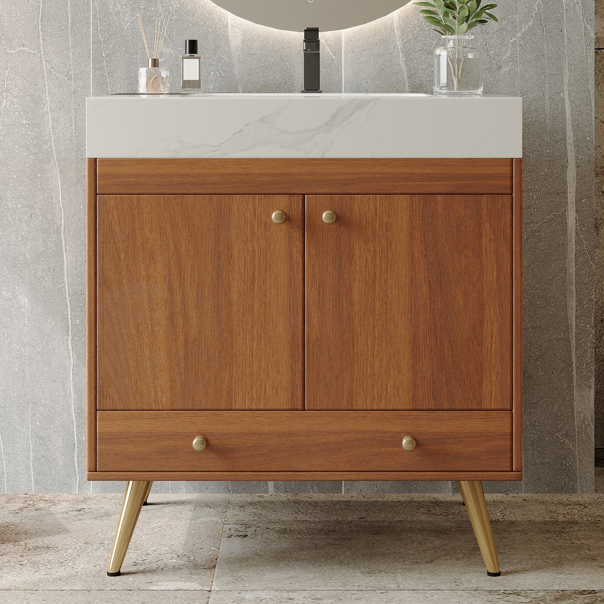 Mid-Century  Free-standing Bathroom Vanity with Faux Marble Top & Ceramic Sink, 30" Double Door Storage Cabinet, Waterproof Engineered Wood, Gold Legs