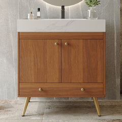 Mid-Century  Free-standing Bathroom Vanity with Faux Marble Top & Ceramic Sink, 30" Double Door Storage Cabinet, Waterproof Engineered Wood, Gold Legs