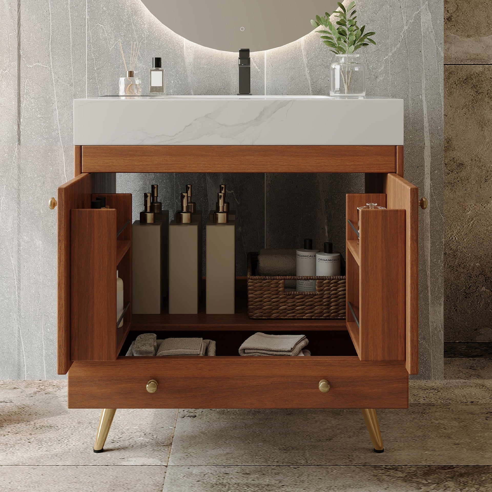 Mid-Century  Free-standing Bathroom Vanity with Faux Marble Top & Ceramic Sink, 30" Double Door Storage Cabinet, Waterproof Engineered Wood, Gold Legs