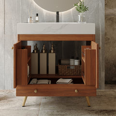 Mid-Century  Free-standing Bathroom Vanity with Faux Marble Top & Ceramic Sink, 30" Double Door Storage Cabinet, Waterproof Engineered Wood, Gold Legs