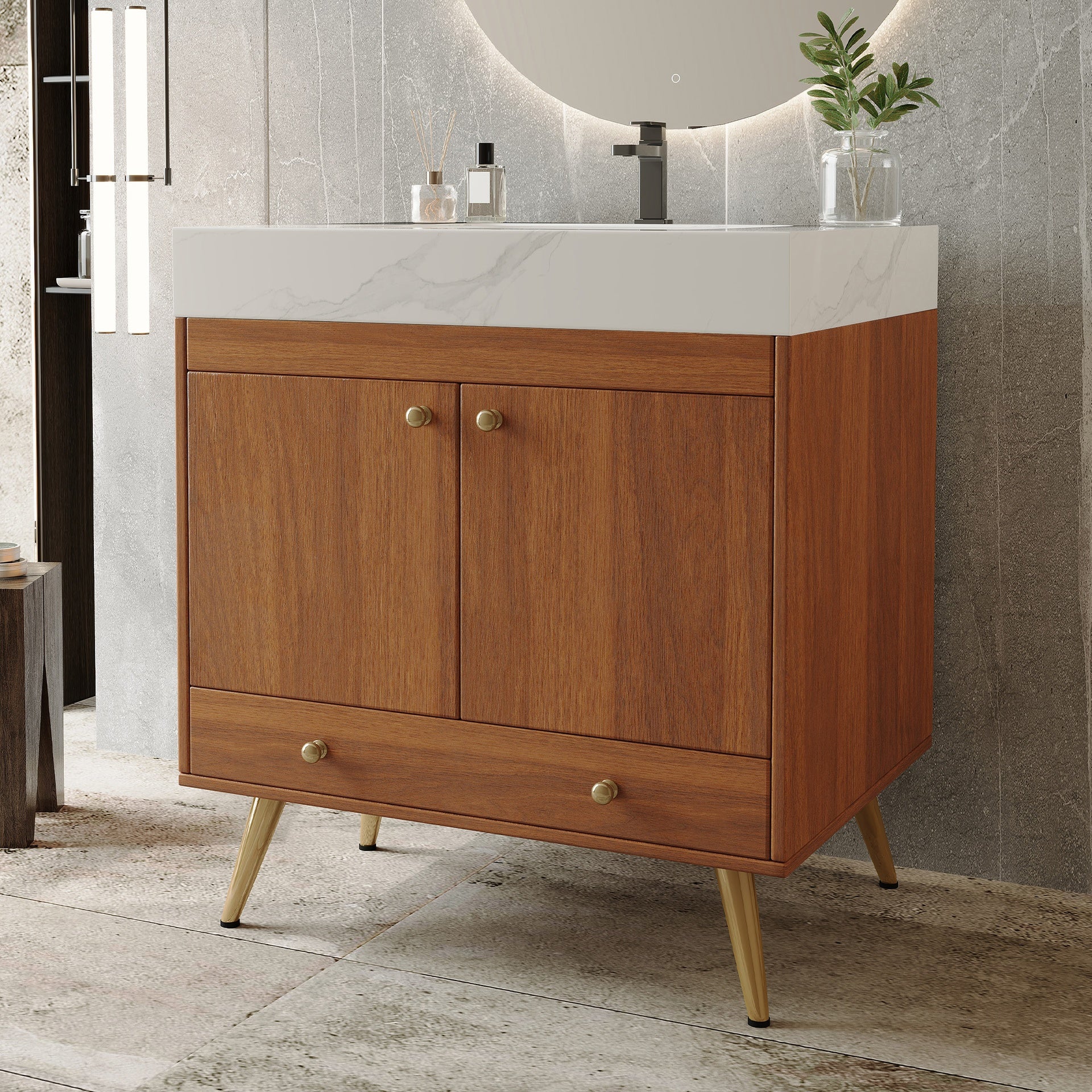 Mid-Century  Free-standing Bathroom Vanity with Faux Marble Top & Ceramic Sink, 30" Double Door Storage Cabinet, Waterproof Engineered Wood, Gold Legs
