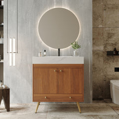 Mid-Century  Free-standing Bathroom Vanity with Faux Marble Top & Ceramic Sink, 30" Double Door Storage Cabinet, Waterproof Engineered Wood, Gold Legs