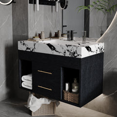 29.9" Modern Floating Bathroom Vanity with Sintered Stone Top Ceramic Undermount Sink Wall-Mounted for Small Bathrooms, Apartment