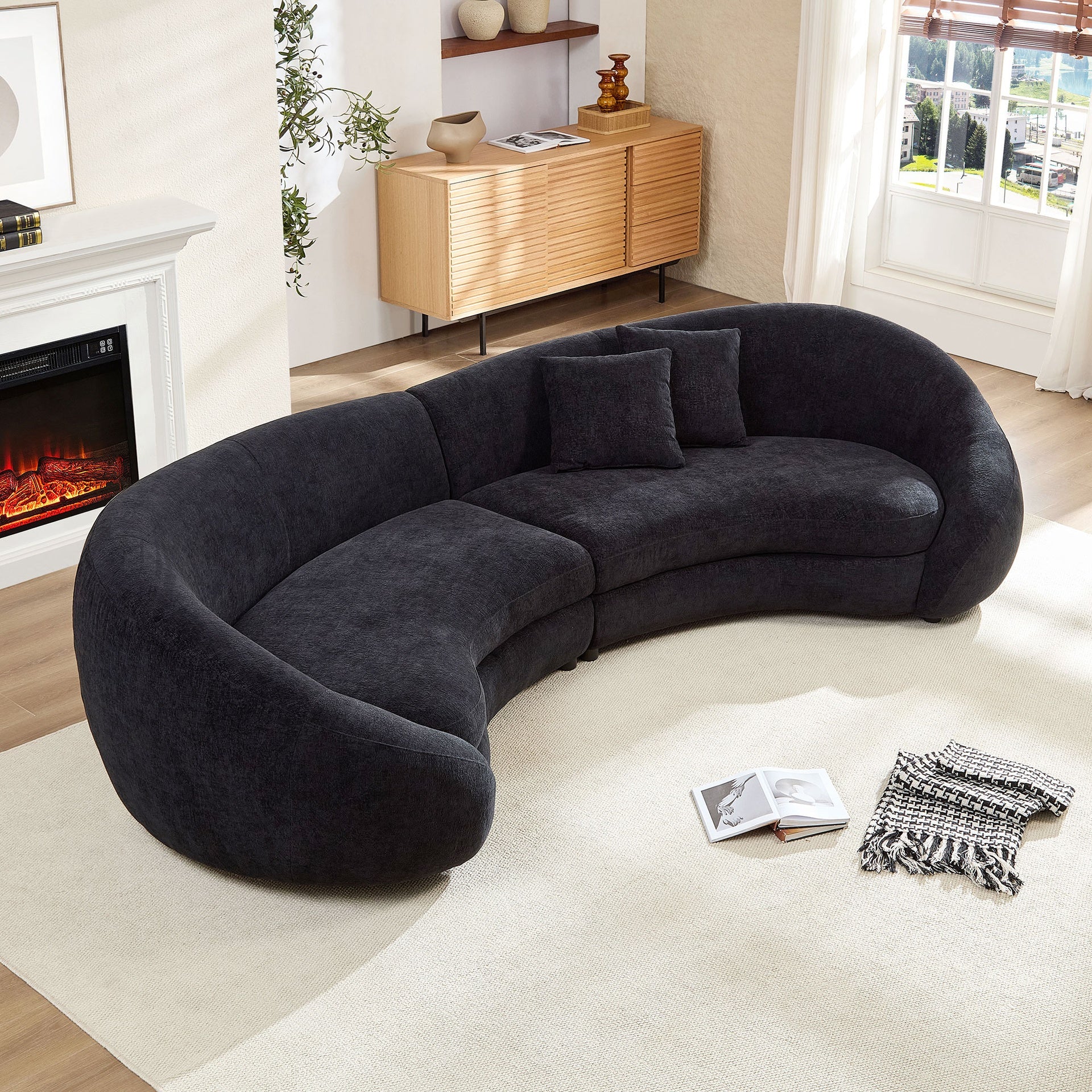 125.98" Modern Curved Sofa with Elegant Love Heart Design for Living Room BLACK