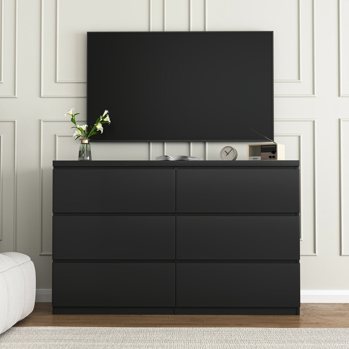 6 Drawer Storage Cabinet ,Dresser, Wood Storage Tower Clothes Organizer, Wide Chest of 6 Drawers, Large Storage Space for Bedroom, Hallway, Entryway Living Room