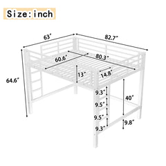 Queen Size Metal Loft Bed, Loft Bed with Easy Climbing Ladder and Guardrails , White
