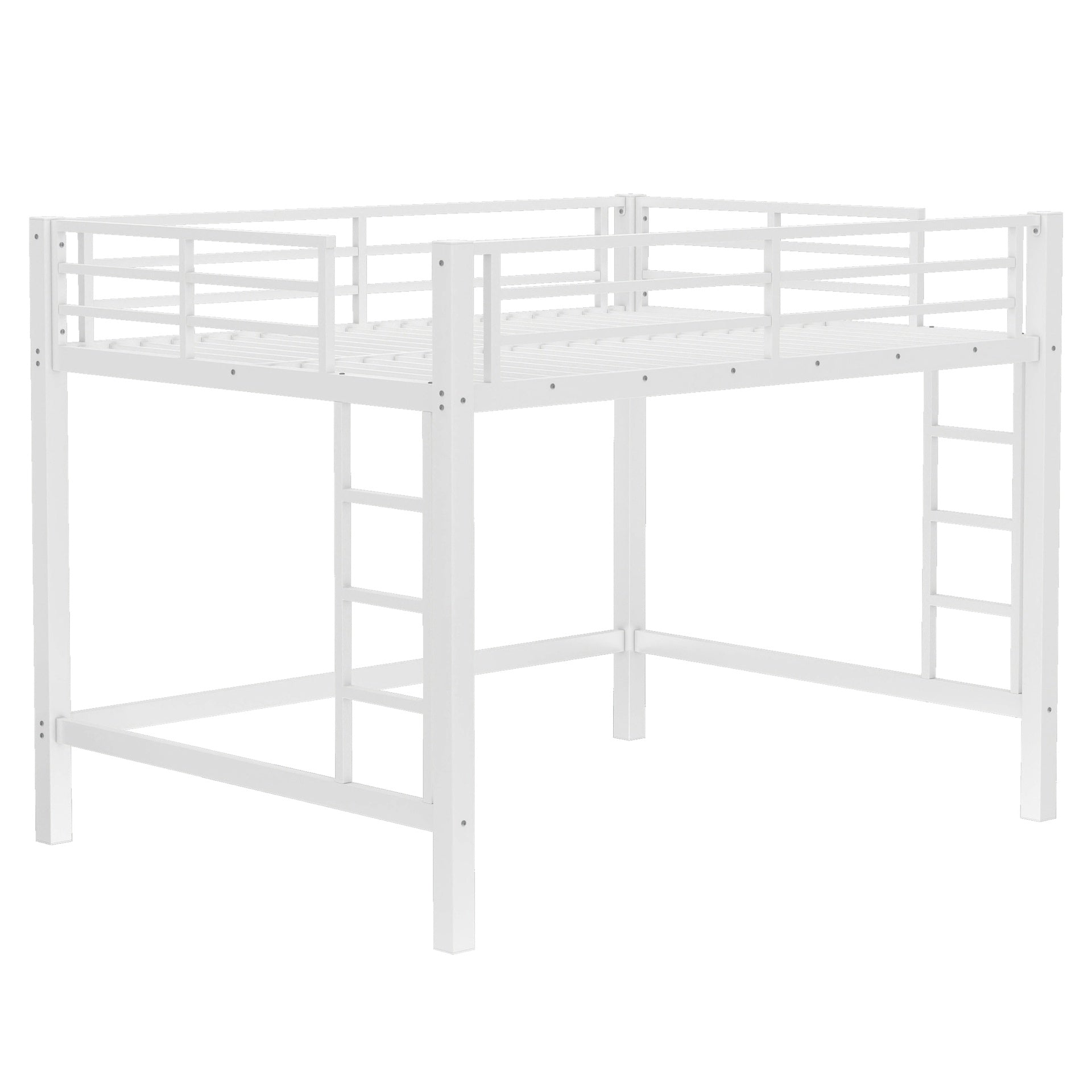 Queen Size Metal Loft Bed, Loft Bed with Easy Climbing Ladder and Guardrails , White