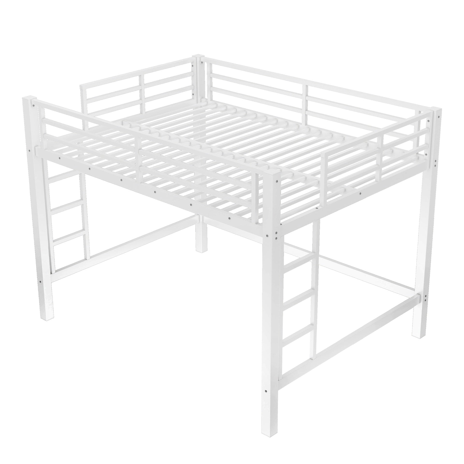 Queen Size Metal Loft Bed, Loft Bed with Easy Climbing Ladder and Guardrails , White