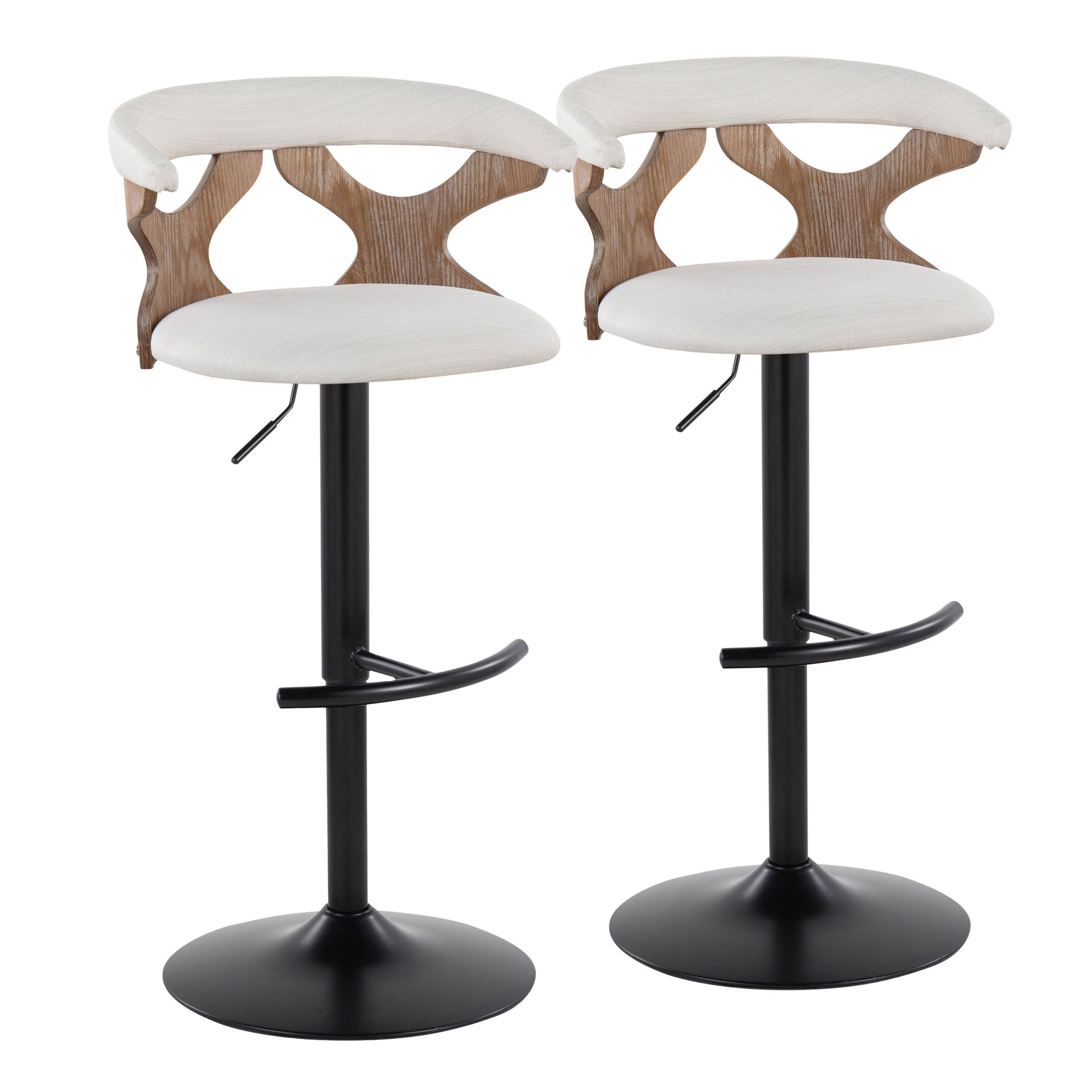 Gardenia Contemporary Adjustable Barstool with Swivel in Whitewashed Wood, Black Metal and Cream Fabric with Rounded T Footrest by LumiSource - Set of 2