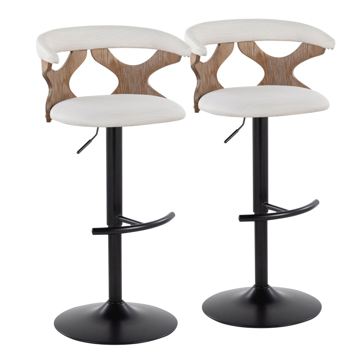 Gardenia Contemporary Adjustable Barstool with Swivel in Whitewashed Wood, Black Metal and Cream Fabric with Rounded T Footrest by LumiSource - Set of 2