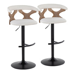Gardenia Contemporary Adjustable Barstool with Swivel in Whitewashed Wood, Black Metal and Cream Fabric with Rounded T Footrest by LumiSource - Set of 2