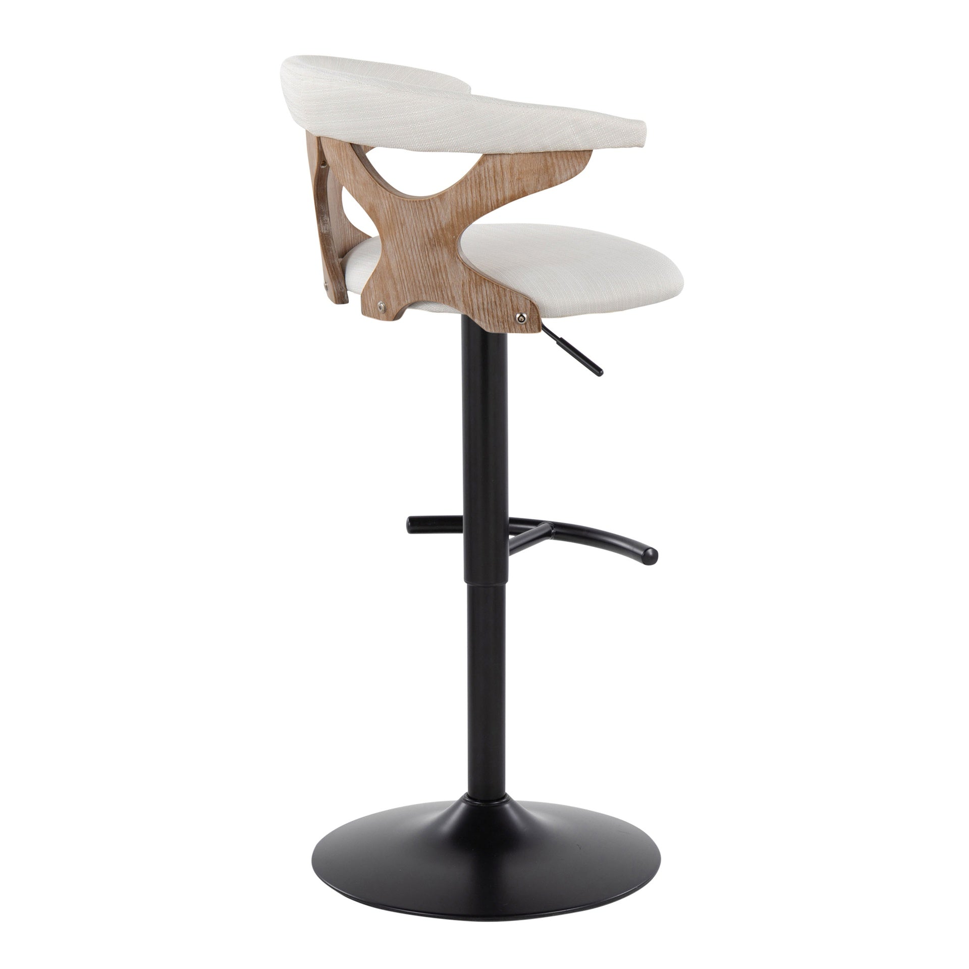 Gardenia Contemporary Adjustable Barstool with Swivel in Whitewashed Wood, Black Metal and Cream Fabric with Rounded T Footrest by LumiSource - Set of 2