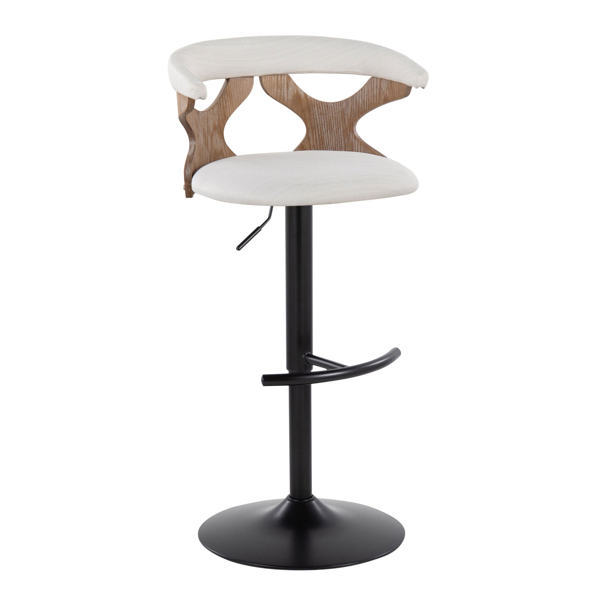 Gardenia Contemporary Adjustable Barstool with Swivel in Whitewashed Wood, Black Metal and Cream Fabric with Rounded T Footrest by LumiSource - Set of 2