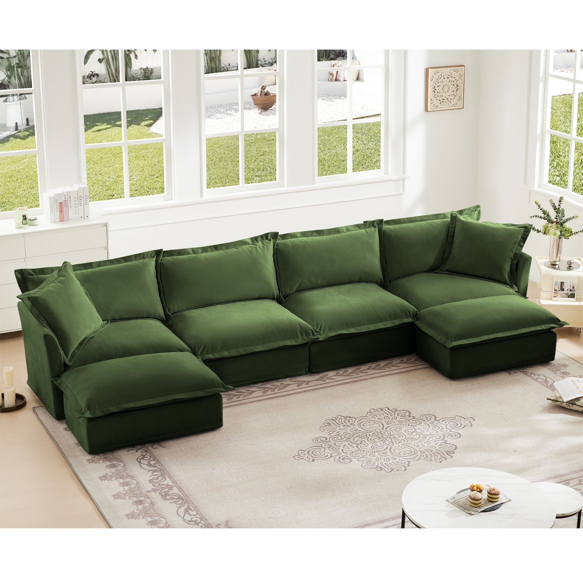 Slipcovered U Shape Sectional Wide and Deep Seat Sofa Couch, 4 Seater Sofa with French Edges Design Multiple Big Pillows, Soft Deep Seat Comfy Cloud Couch for Living Room, Apartment, Chenille Fabric