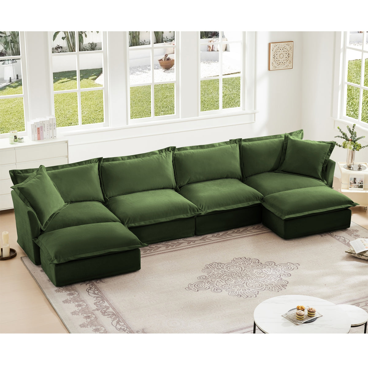 Slipcovered U Shape Sectional Wide and Deep Seat Sofa Couch, 4 Seater Sofa with French Edges Design Multiple Big Pillows, Soft Deep Seat Comfy Cloud Couch for Living Room, Apartment, Chenille Fabric