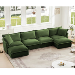 Slipcovered U Shape Sectional Wide and Deep Seat Sofa Couch, 4 Seater Sofa with French Edges Design Multiple Big Pillows, Soft Deep Seat Comfy Cloud Couch for Living Room, Apartment, Chenille Fabric
