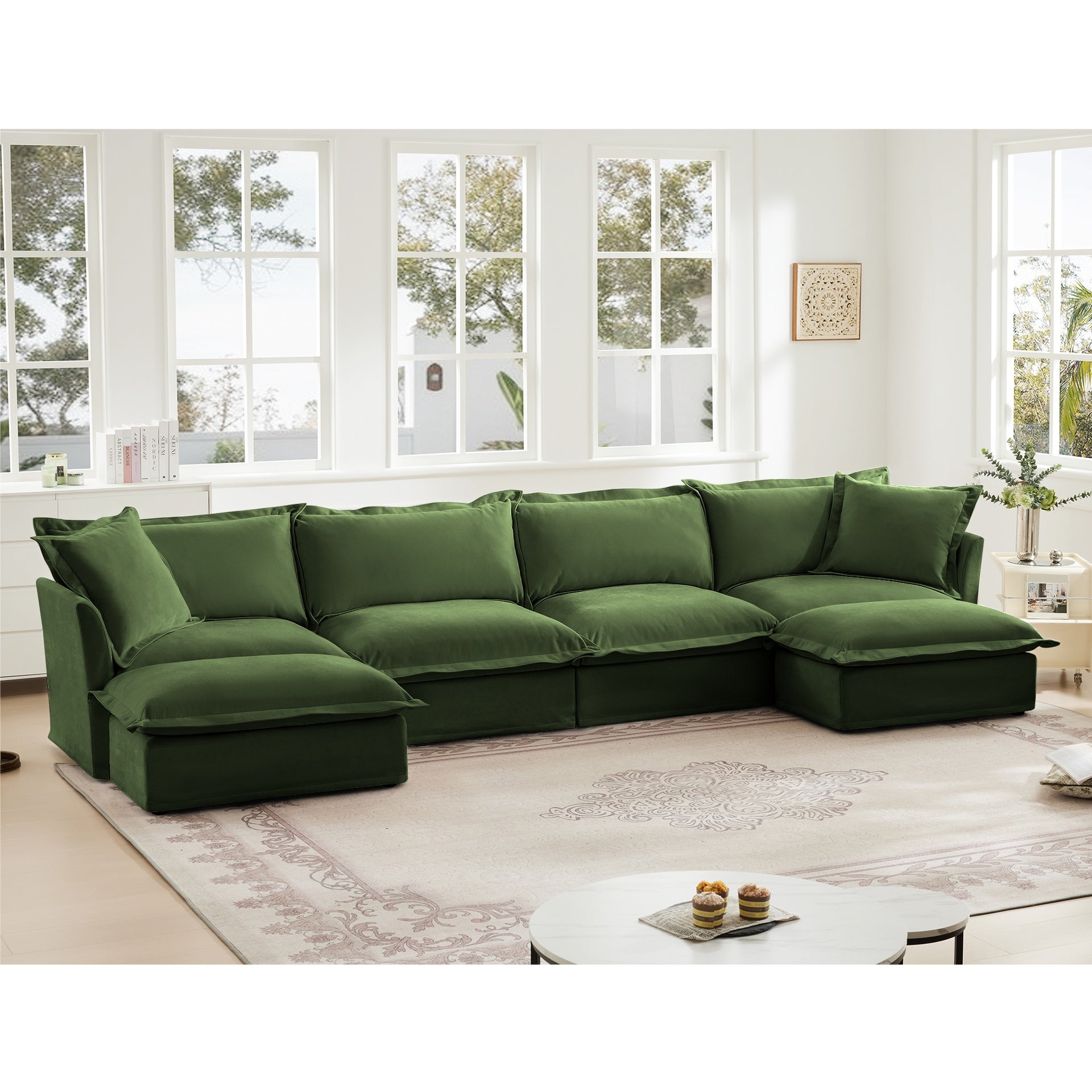 Slipcovered U Shape Sectional Wide and Deep Seat Sofa Couch, 4 Seater Sofa with French Edges Design Multiple Big Pillows, Soft Deep Seat Comfy Cloud Couch for Living Room, Apartment, Chenille Fabric
