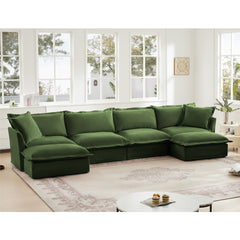 Slipcovered U Shape Sectional Wide and Deep Seat Sofa Couch, 4 Seater Sofa with French Edges Design Multiple Big Pillows, Soft Deep Seat Comfy Cloud Couch for Living Room, Apartment, Chenille Fabric