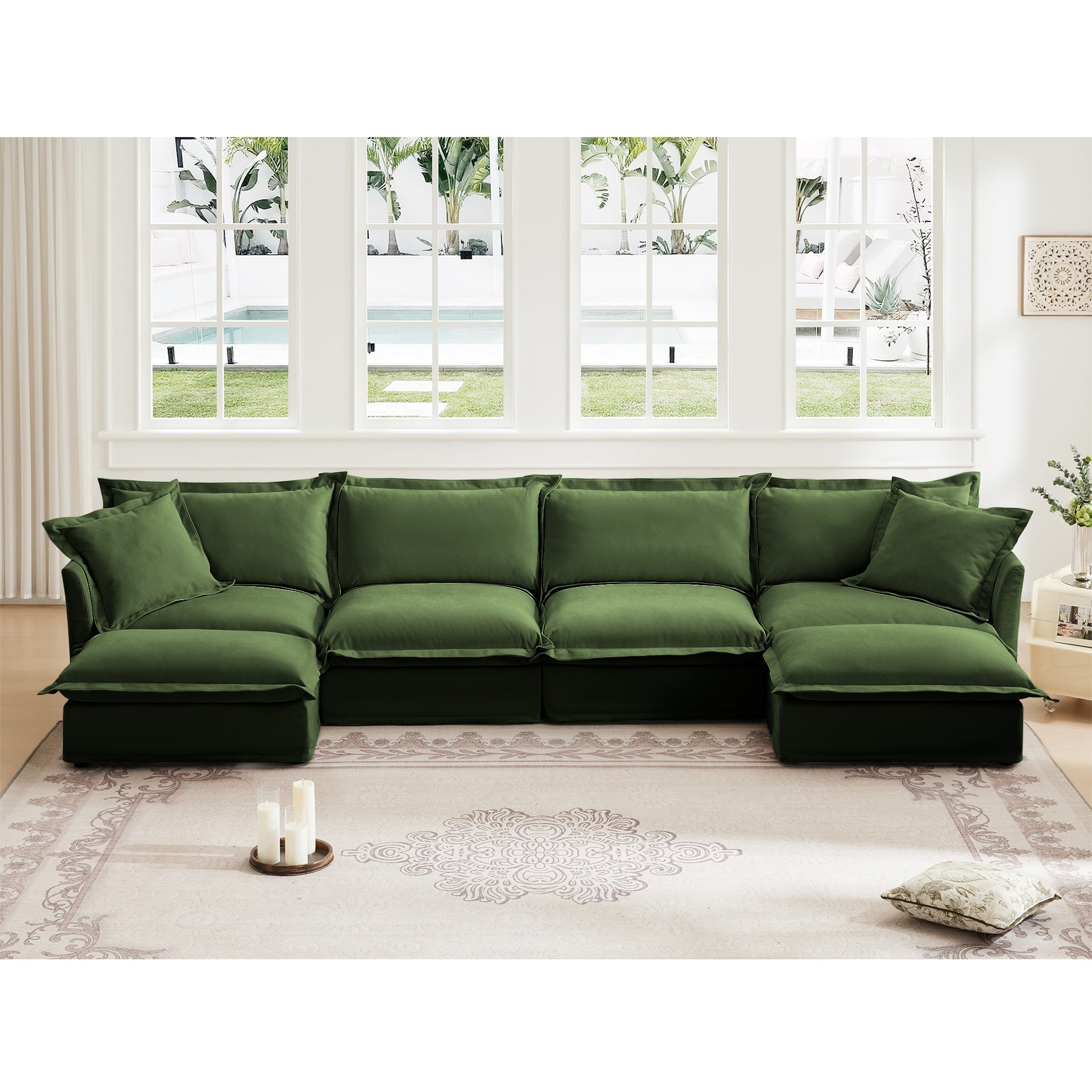 Slipcovered U Shape Sectional Wide and Deep Seat Sofa Couch, 4 Seater Sofa with French Edges Design Multiple Big Pillows, Soft Deep Seat Comfy Cloud Couch for Living Room, Apartment, Chenille Fabric