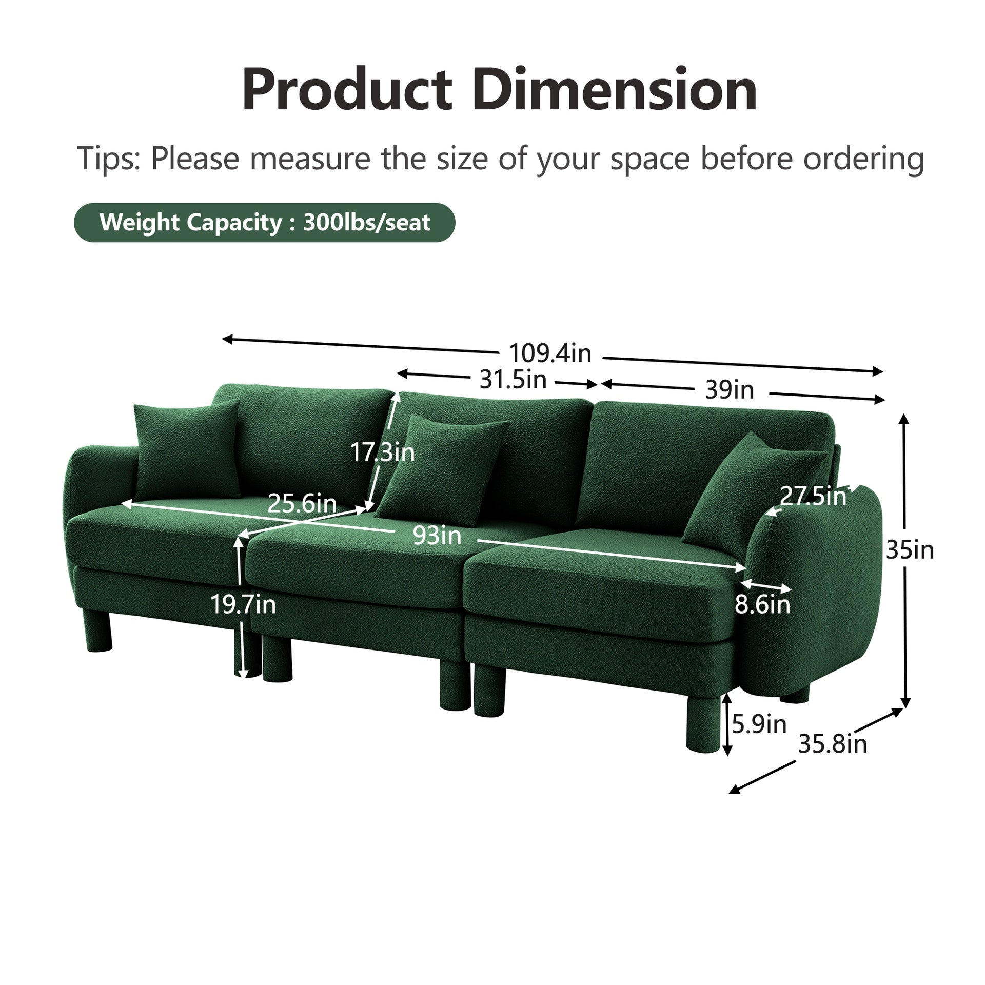 Boucle Fabric 3-seater Sofa Couch With Distinctive Shell-shaped Armrests,Cylindrical Legs Wrapped with Self-fabric,Green Color