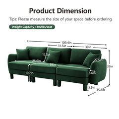 Boucle Fabric 3-seater Sofa Couch With Distinctive Shell-shaped Armrests,Cylindrical Legs Wrapped with Self-fabric,Green Color