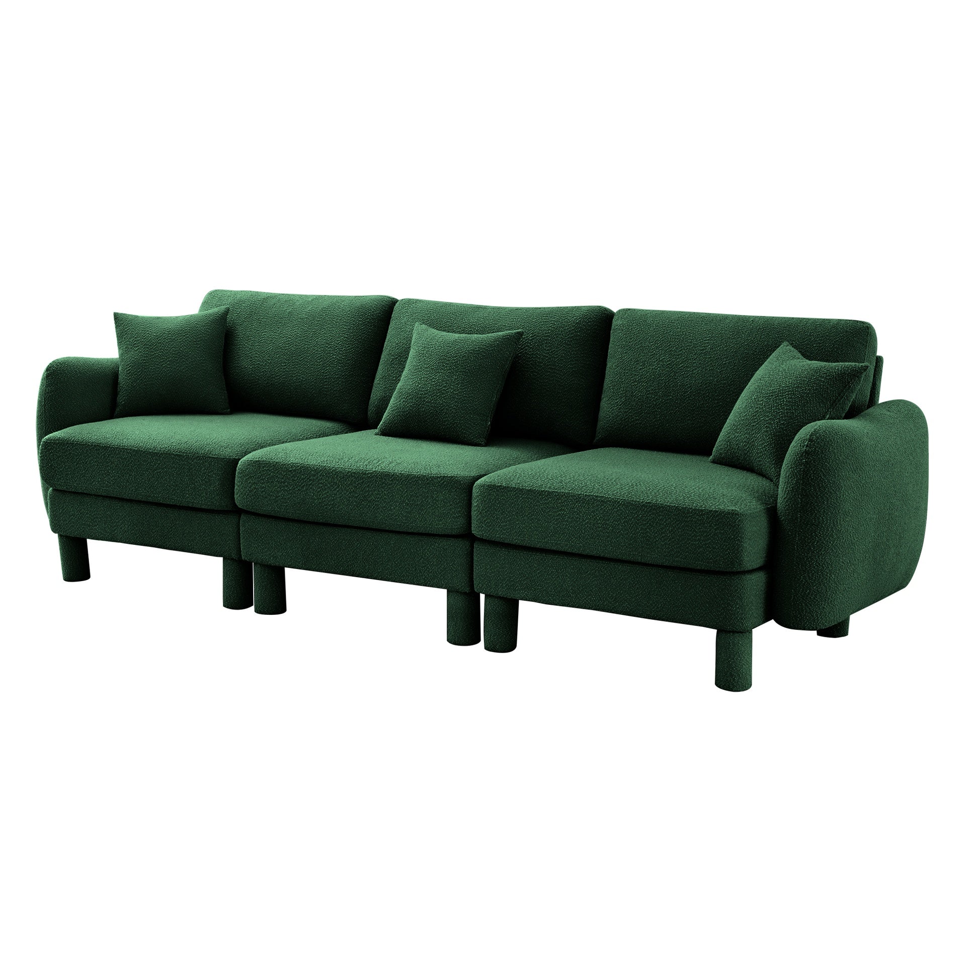 Boucle Fabric 3-seater Sofa Couch With Distinctive Shell-shaped Armrests,Cylindrical Legs Wrapped with Self-fabric,Green Color