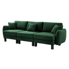 Boucle Fabric 3-seater Sofa Couch With Distinctive Shell-shaped Armrests,Cylindrical Legs Wrapped with Self-fabric,Green Color
