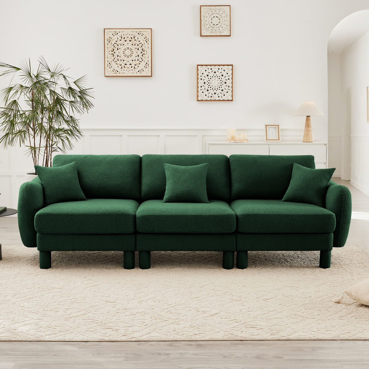 Boucle Fabric 3-seater Sofa Couch With Distinctive Shell-shaped Armrests,Cylindrical Legs Wrapped with Self-fabric,Green Color