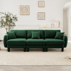Boucle Fabric 3-seater Sofa Couch With Distinctive Shell-shaped Armrests,Cylindrical Legs Wrapped with Self-fabric,Green Color