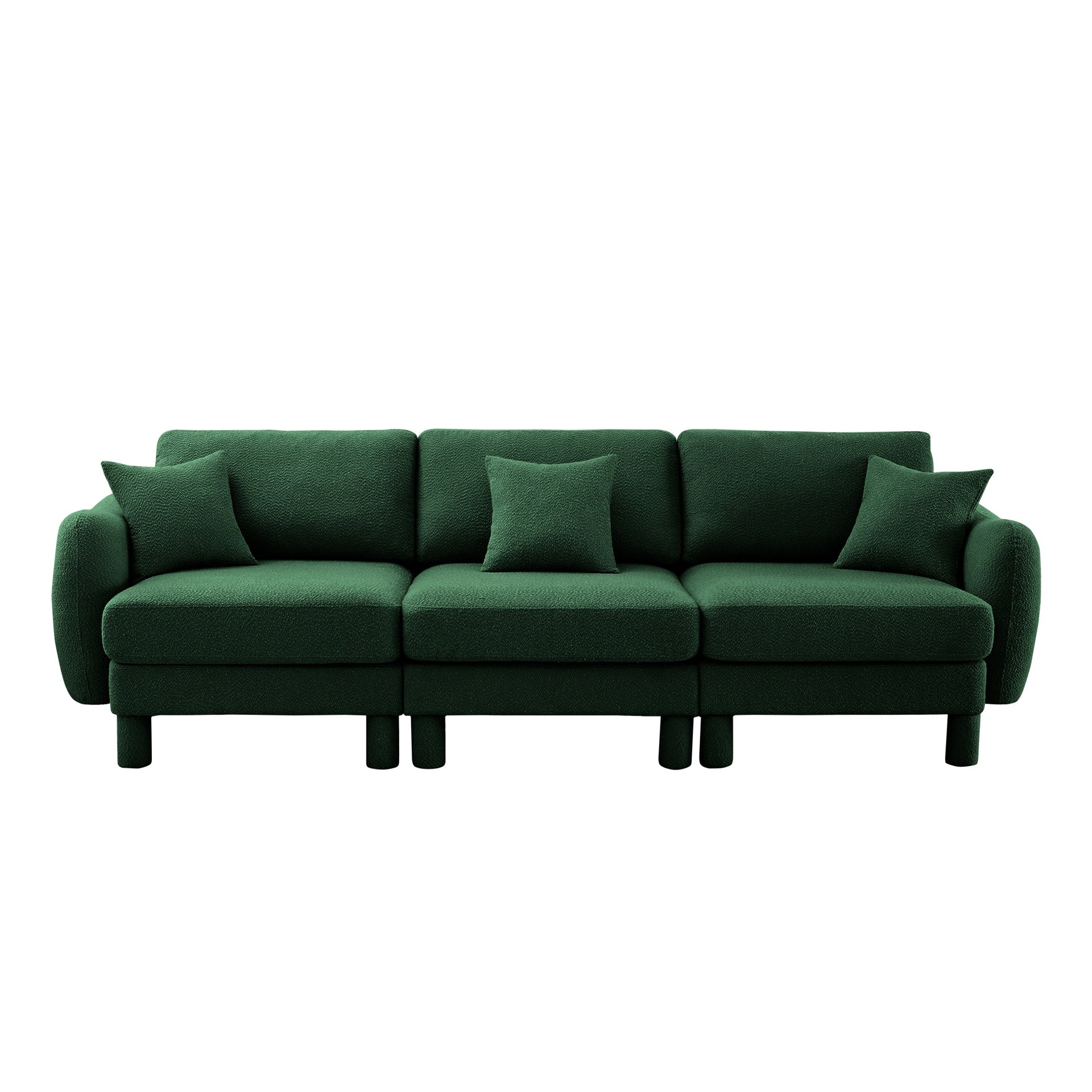 Boucle Fabric 3-seater Sofa Couch With Distinctive Shell-shaped Armrests,Cylindrical Legs Wrapped with Self-fabric,Green Color