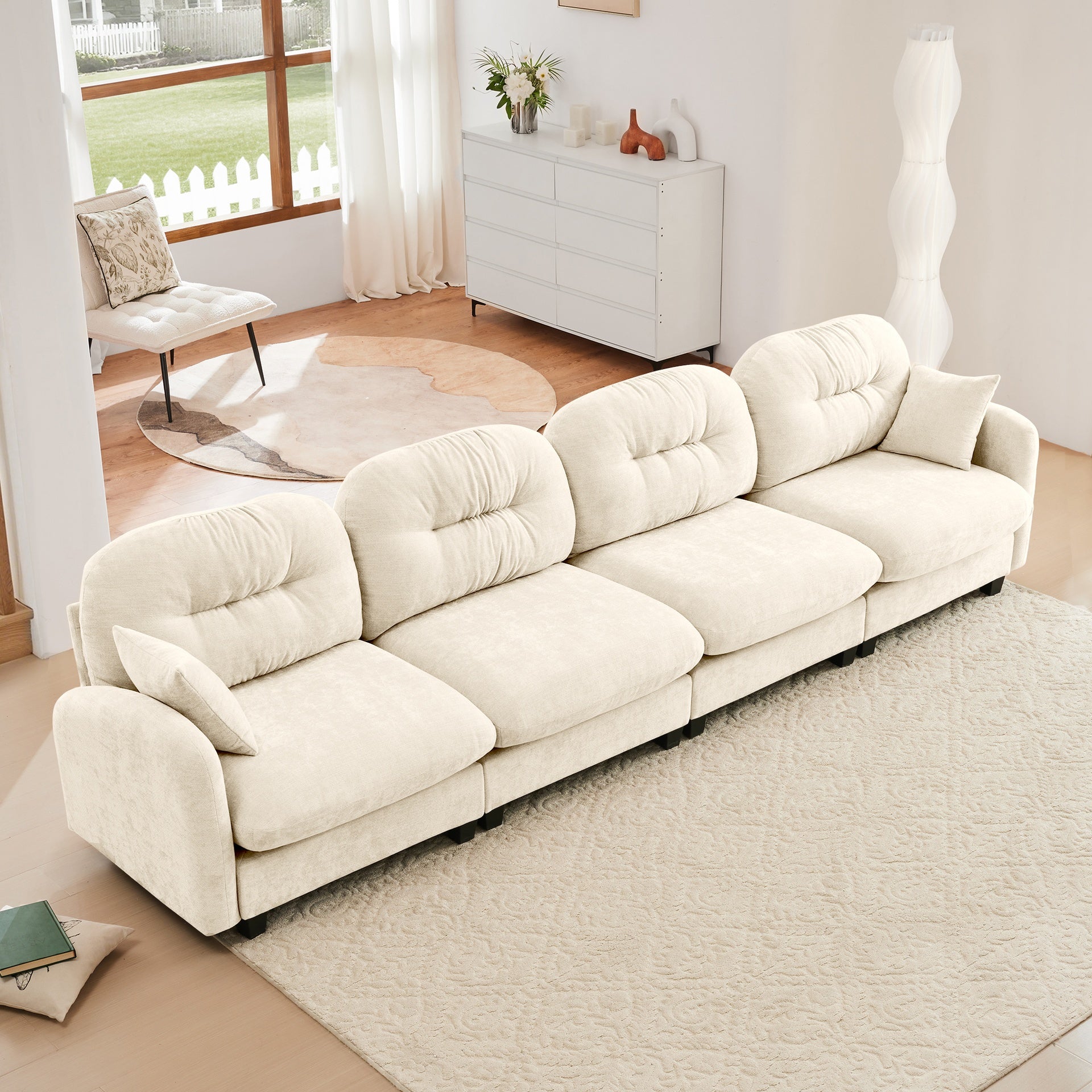Four-Seater Modular Sectional Couch,Premium Chenille Fabric,With 2 Throw Pillows,Tufted Cushion Backrest Design,High-Density Foam Easy Install,Fits Bedrooms, Living Rooms, Reading Nooks,Beige