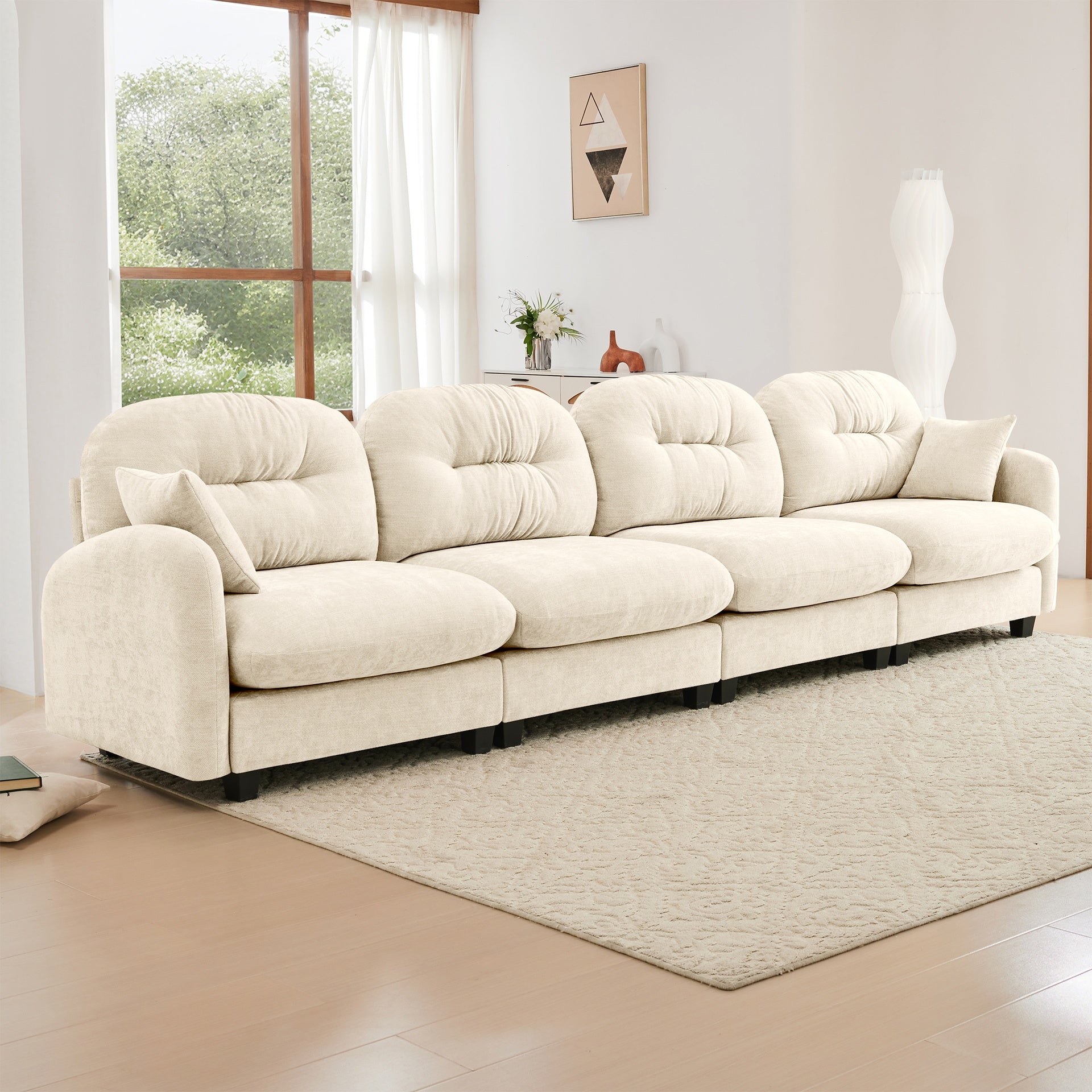 Four-Seater Modular Sectional Couch,Premium Chenille Fabric,With 2 Throw Pillows,Tufted Cushion Backrest Design,High-Density Foam Easy Install,Fits Bedrooms, Living Rooms, Reading Nooks,Beige