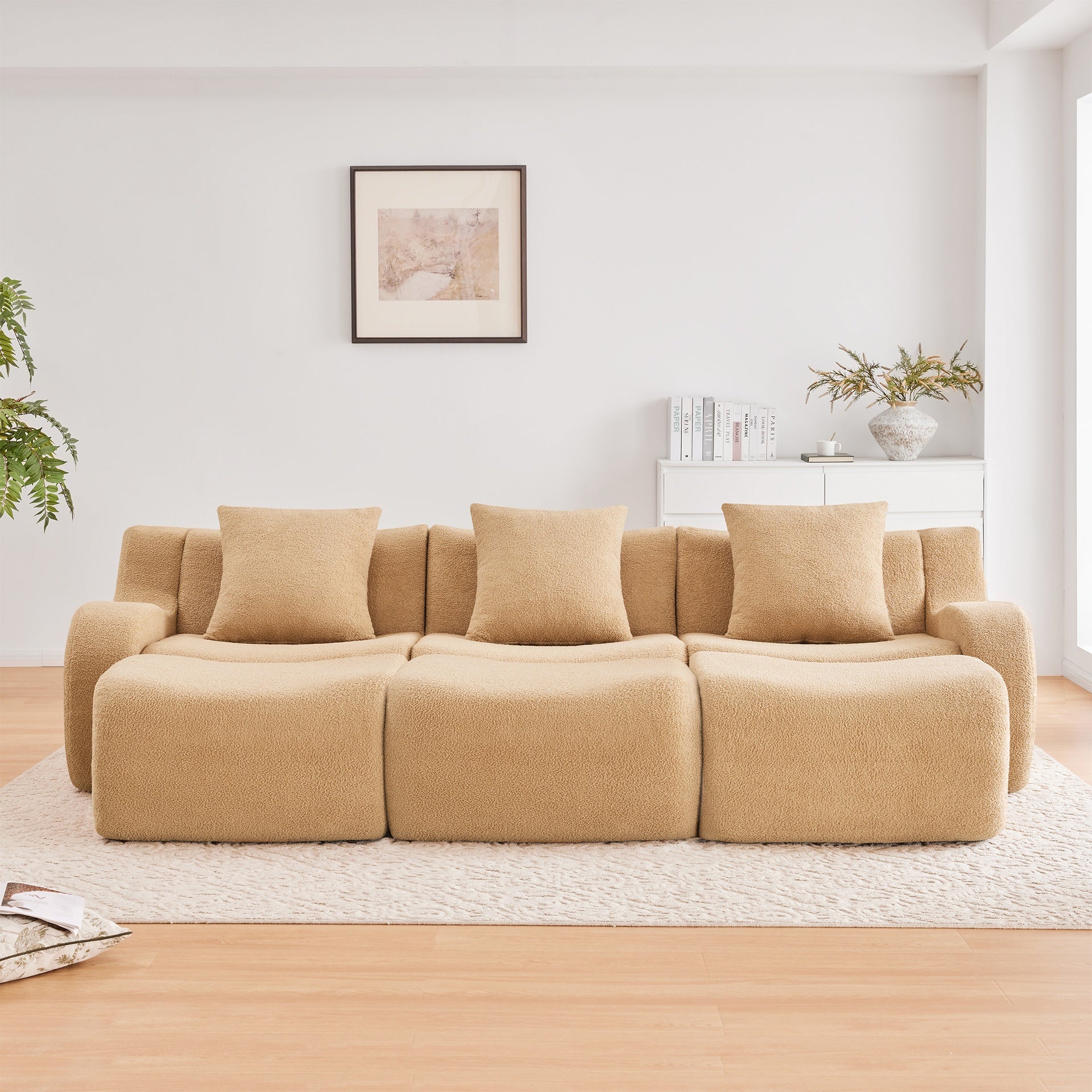 Three-Seat Boneless Sofa High-Quality Teddy Fabric ,No assembly required Curved armrest Anti-slip Design  Ergonomic design, Assembly Chaise  32D High Density Sponge living rooms media rooms,Camel