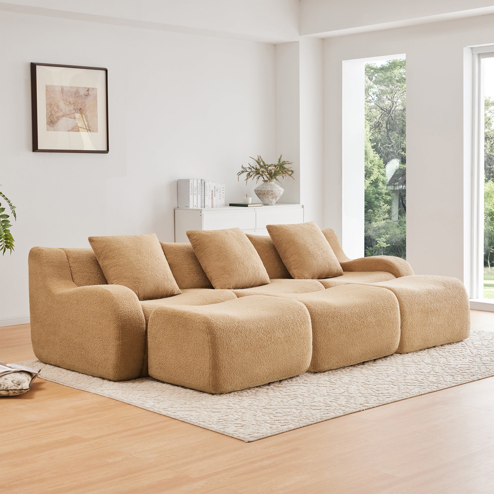 Three-Seat Boneless Sofa High-Quality Teddy Fabric ,No assembly required Curved armrest Anti-slip Design  Ergonomic design, Assembly Chaise  32D High Density Sponge living rooms media rooms,Camel