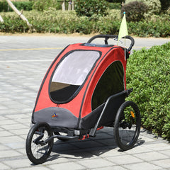 Aosom Bike Trailer for Kids 3 In1 Foldable Child Jogger Stroller Baby Stroller Transport Carrier with Shock Absorber System Rubber Tires Adjustable Handlebar Kid Bicycle Trailer Red and Grey